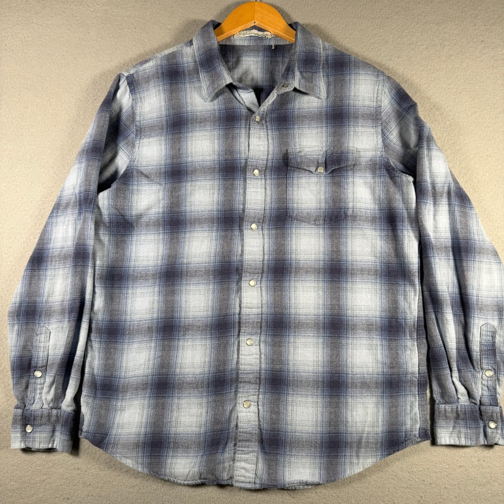 Criquet Mens Large Blue Grey Plaid Cotton Long Sleeve Button Down Shirt Austin